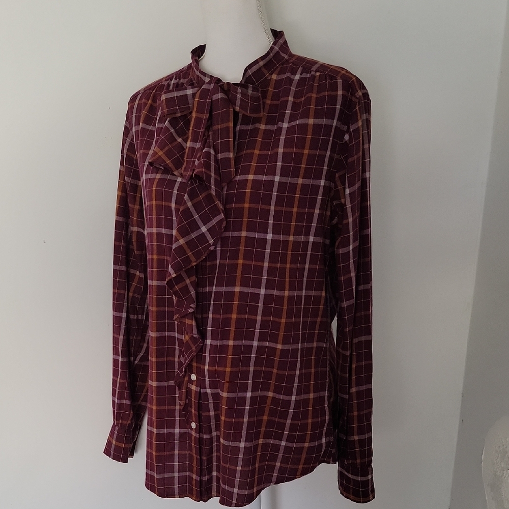 NWT GAP Burgundy & Mustard Plaid Ruffle Front Tie Neck Blouse - Size L